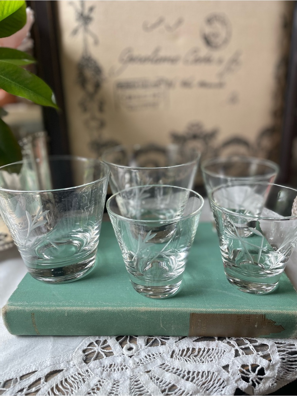 Vintage clear bamboo leaves glasses set